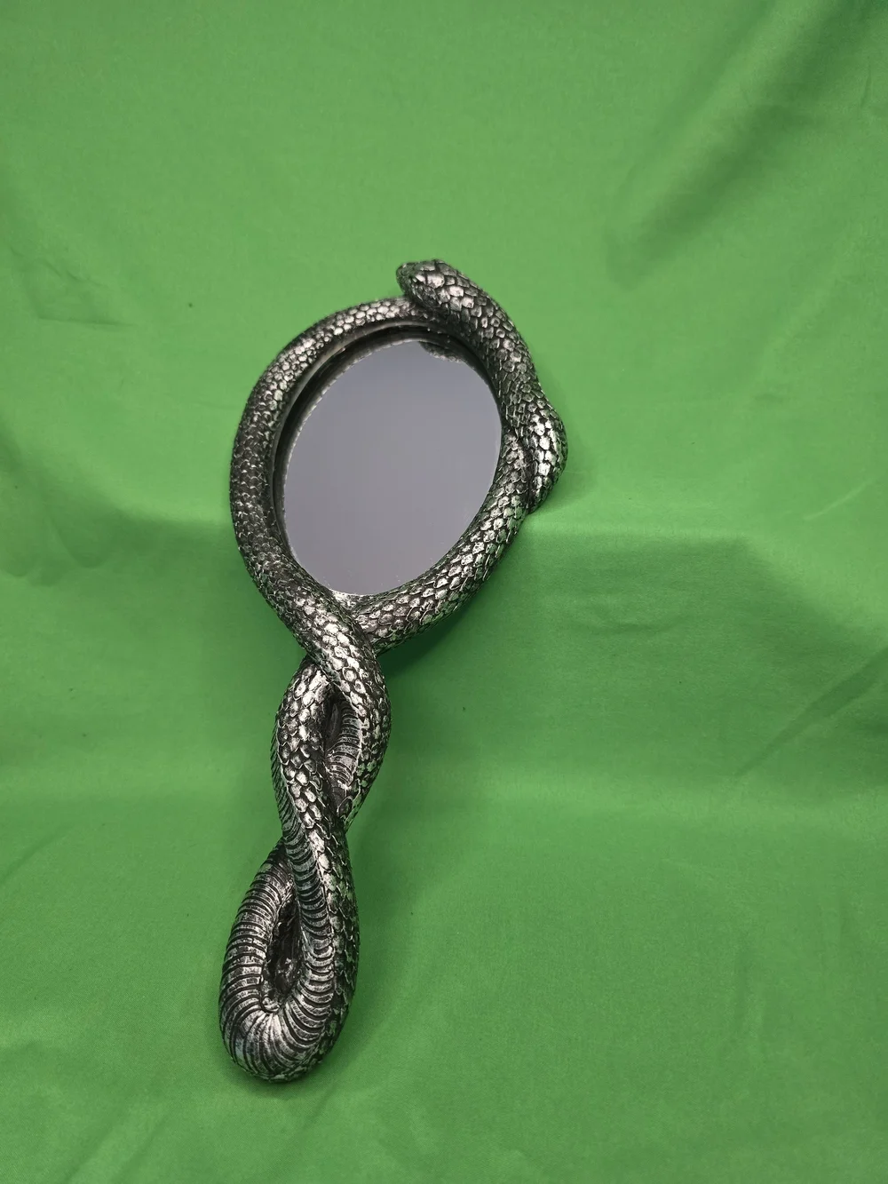 Gothic Snake Serpent Hand Mirror Silver Tone Resin Reptile Vanity Decor